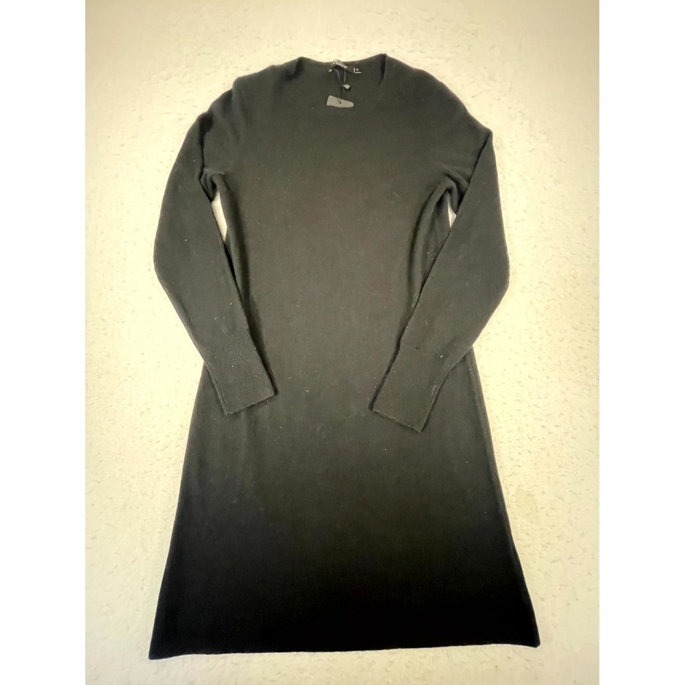 Lusso Cashmere Crewneck Sweater Dress Womens Medium Black Tight Knit Ribbed Warm